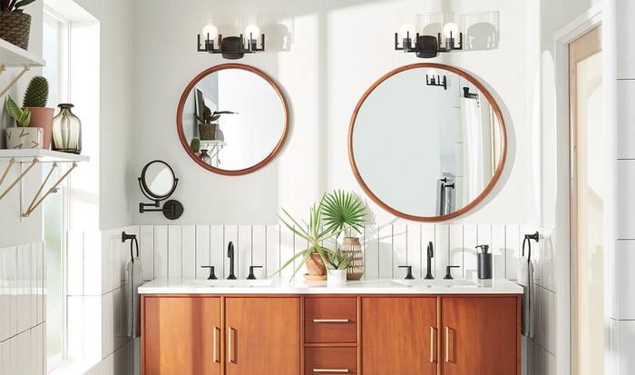 72" Novak Teak Vanity, Lentz Widespread Bathroom Faucet, Towel Ring in Matte Black, Novak Round Vanity Mirror for mixed metals