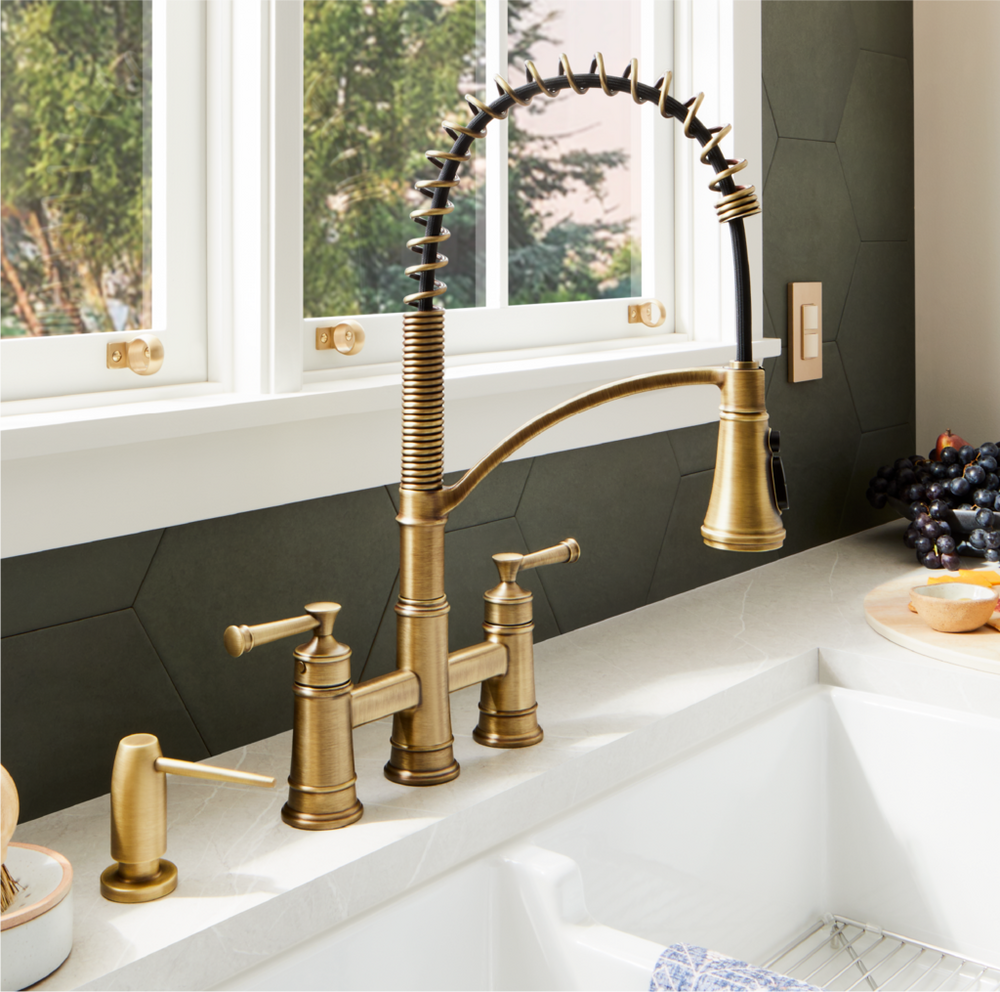 Beasley Bridge Kitchen Faucet with Pull-Down Spring Spout - Aged Brass