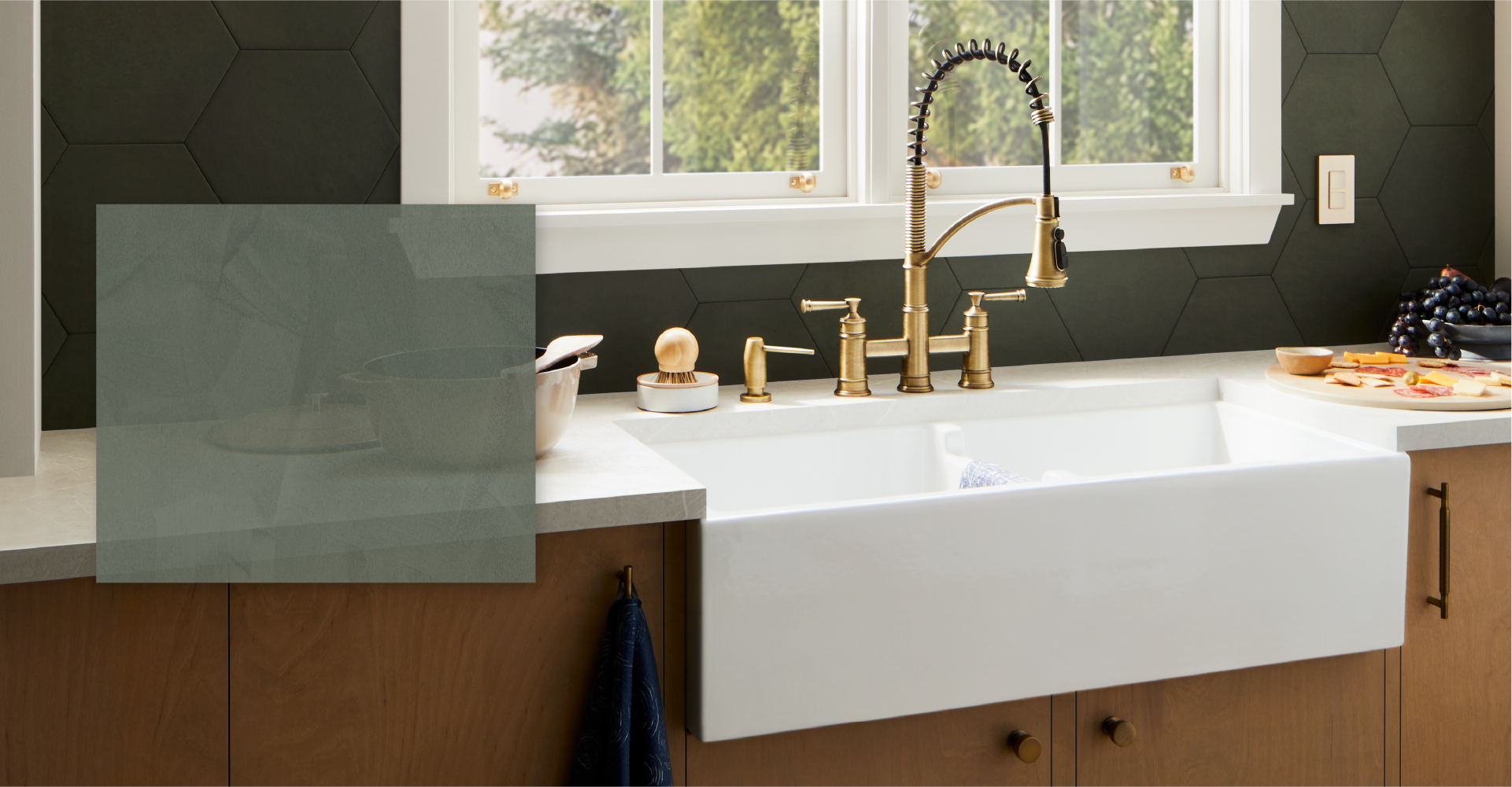 Modern Heritage Kitchen - Beasley Bridge Kitchen Faucet in Aged Brass, Risinger Farmhouse Kitchen Sink, Colmar Cabinet Knob and Pull in Aged Copper