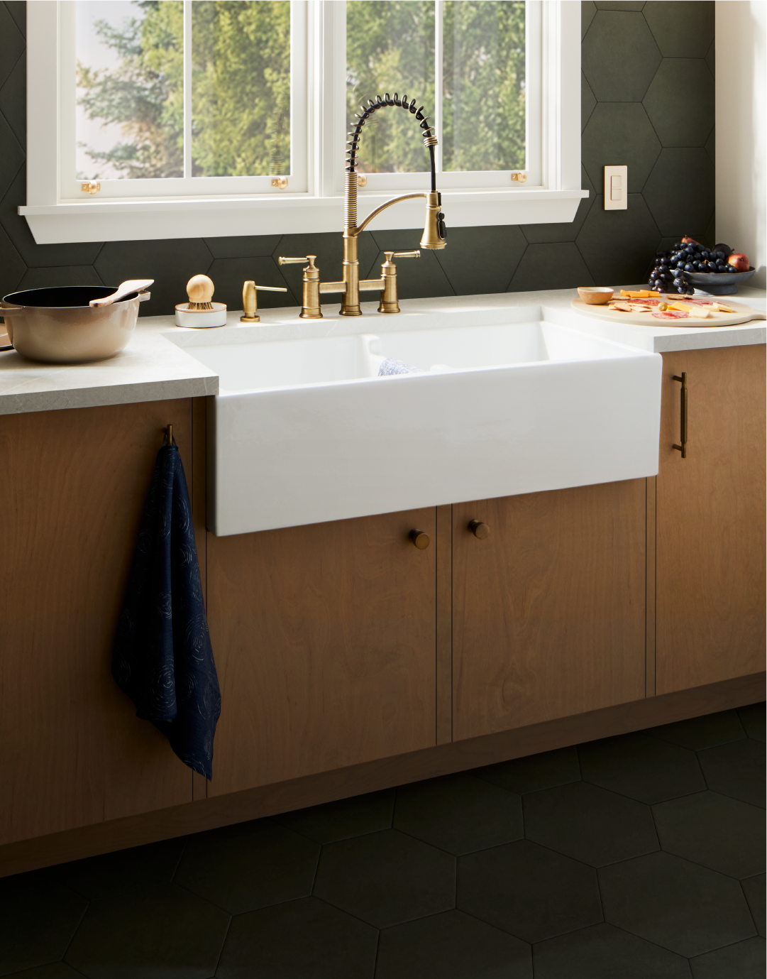 Modern Heritage Kitchen - Beasley Bridge Kitchen Faucet in Aged Brass, Risinger Farmhouse Kitchen Sink, Colmar Cabinet Knob and Pull in Aged Copper