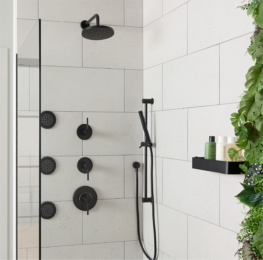 Lexia Thermostatic Shower System with 3 Body Sprays, Slide Bar and Hand Shower - Matte Black