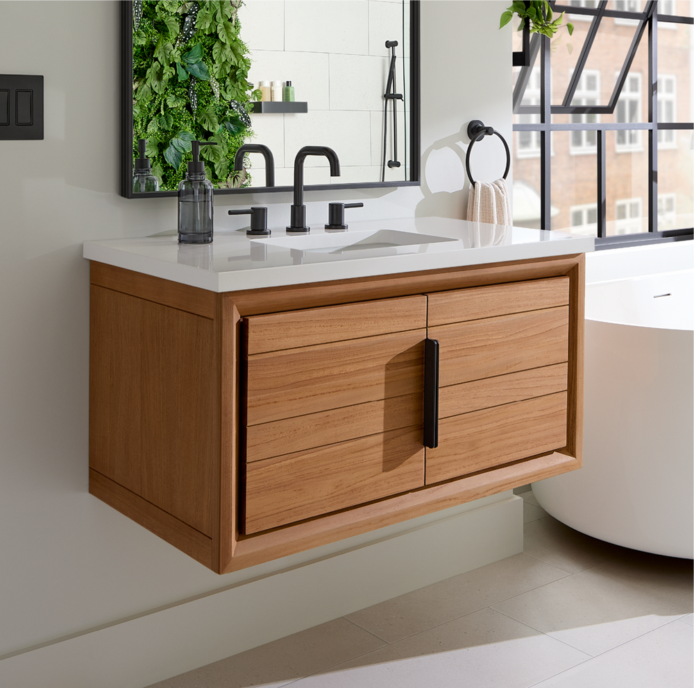 36" Aliso Narrow Wall-Mount Vanity with Rect Undermount - Outlets - Natural Teak