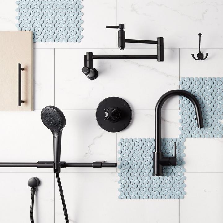 Ravenel Bar Faucet, Contemporary Retractable Wall-Mount Pot Filler Faucet, Vassor Pressure Balance Shower Valve in Matte Black
