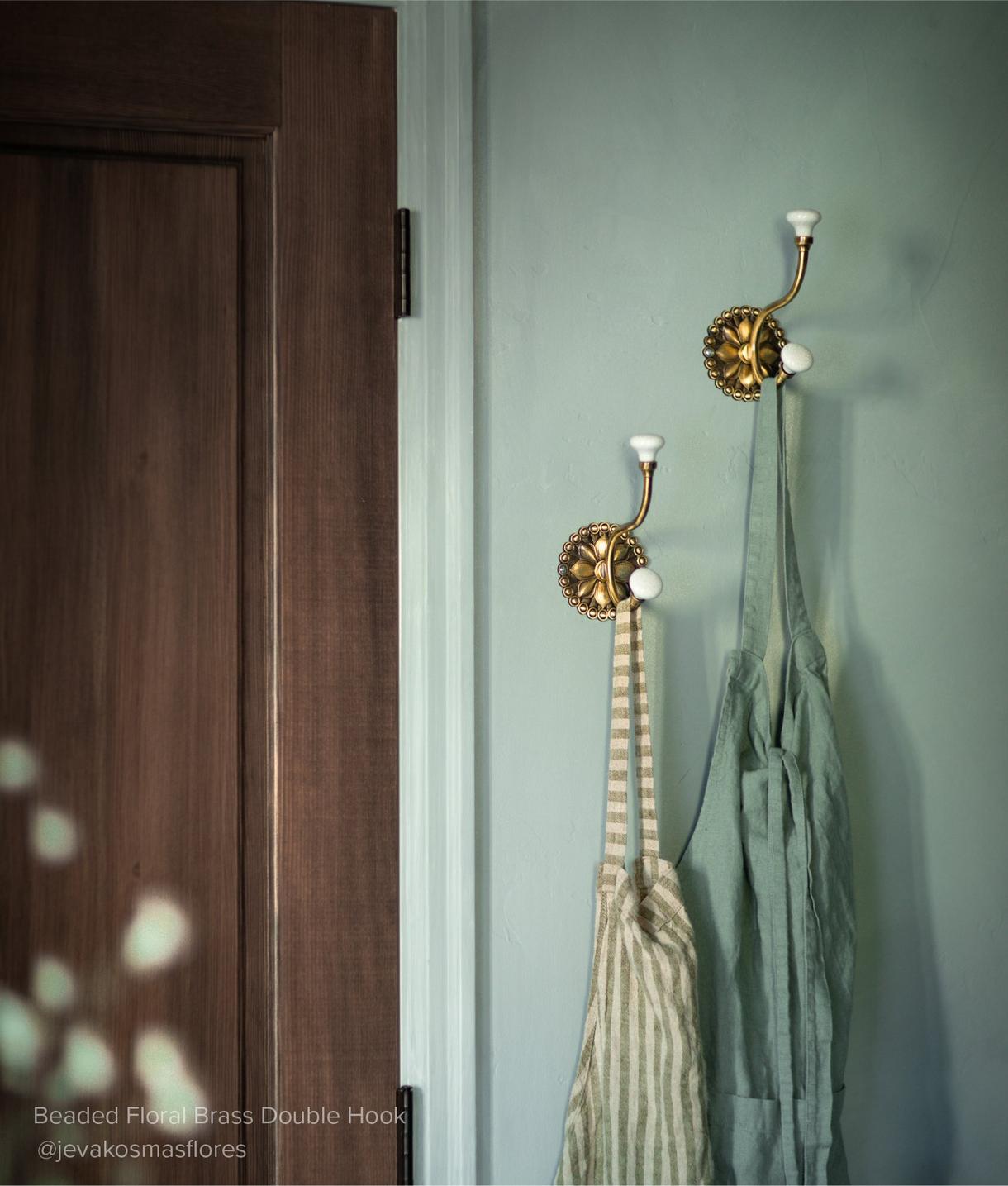 Beaded Floral Brass Double Hook with Porcelain Knobs - Antique Brass
