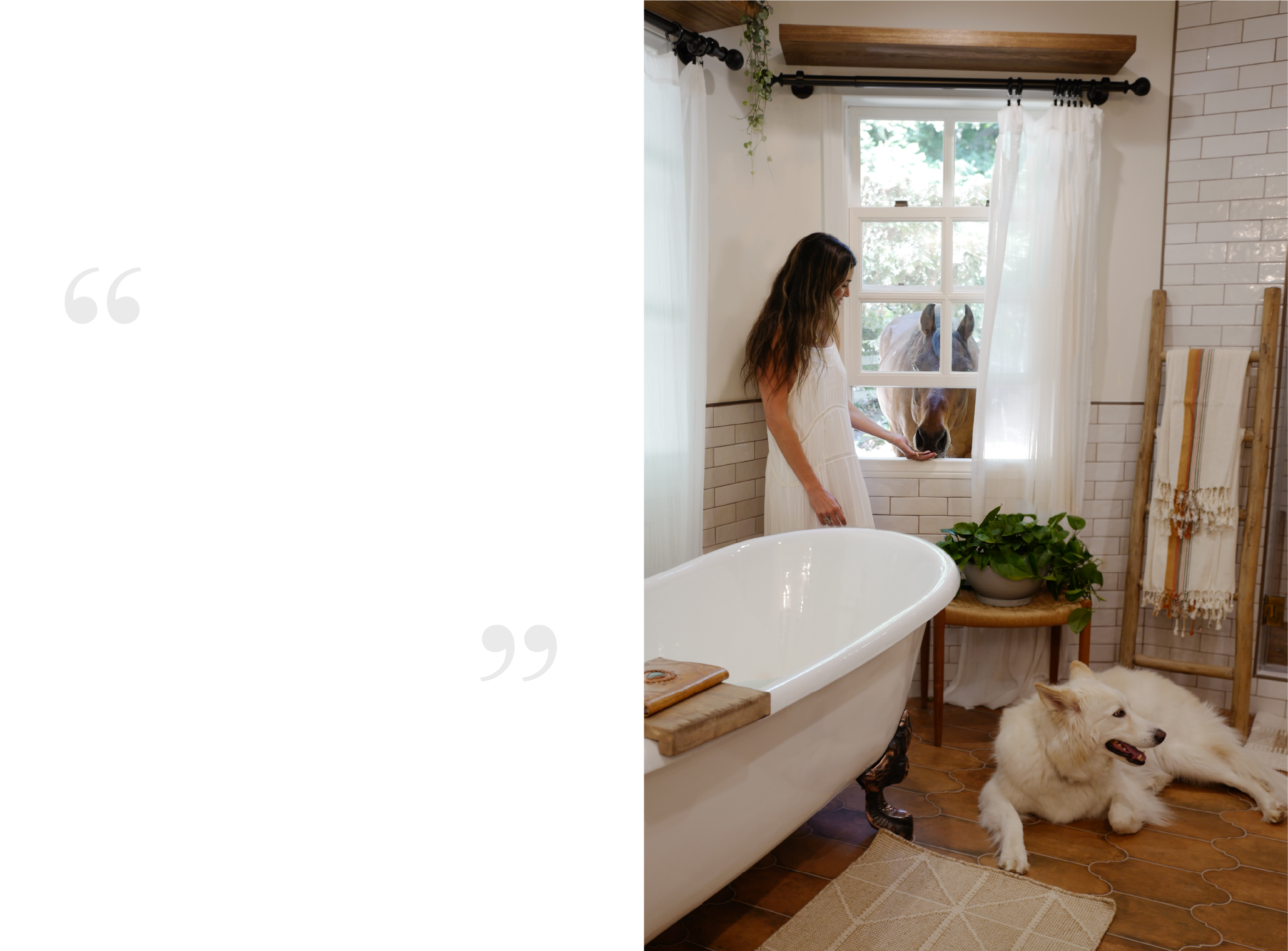 Nikki Reed feeding her horse next to the 72 inch Lena Clawfoot Tub