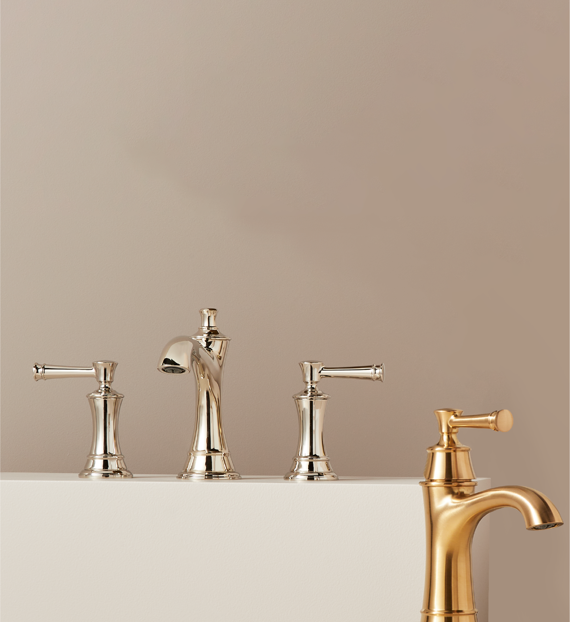 Beasley Widespread and Single Hole Faucet in Brushed Gold and Polished Nickel