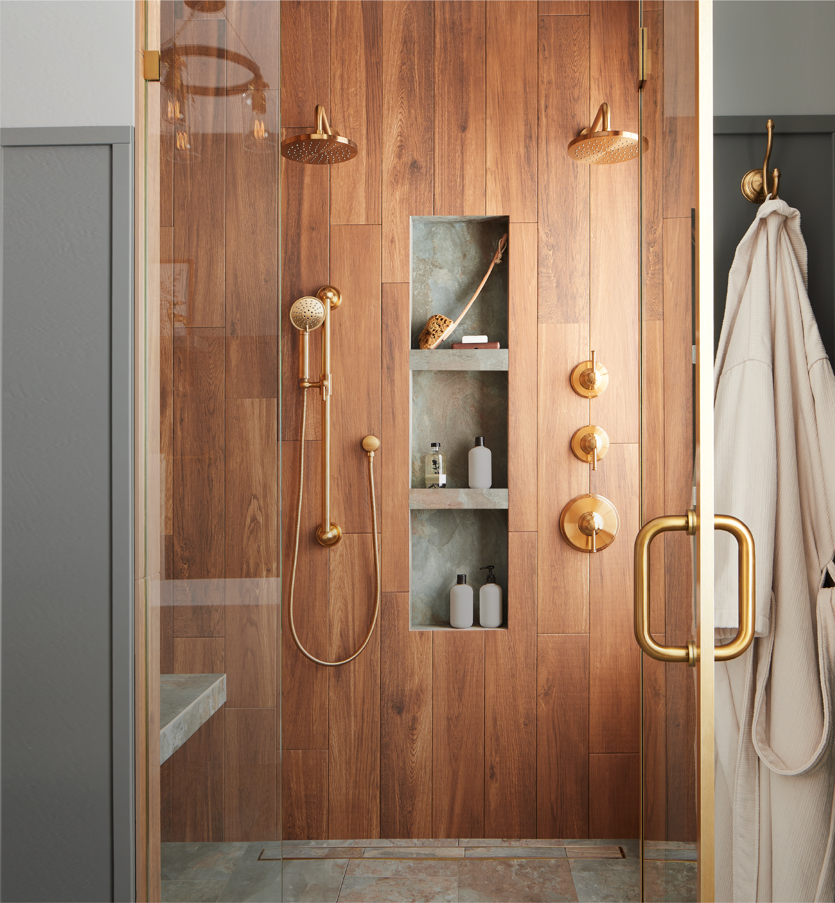 Beasley Thermostatic Shower System with Dual Showerheads, Slide Bar and Hand Shower