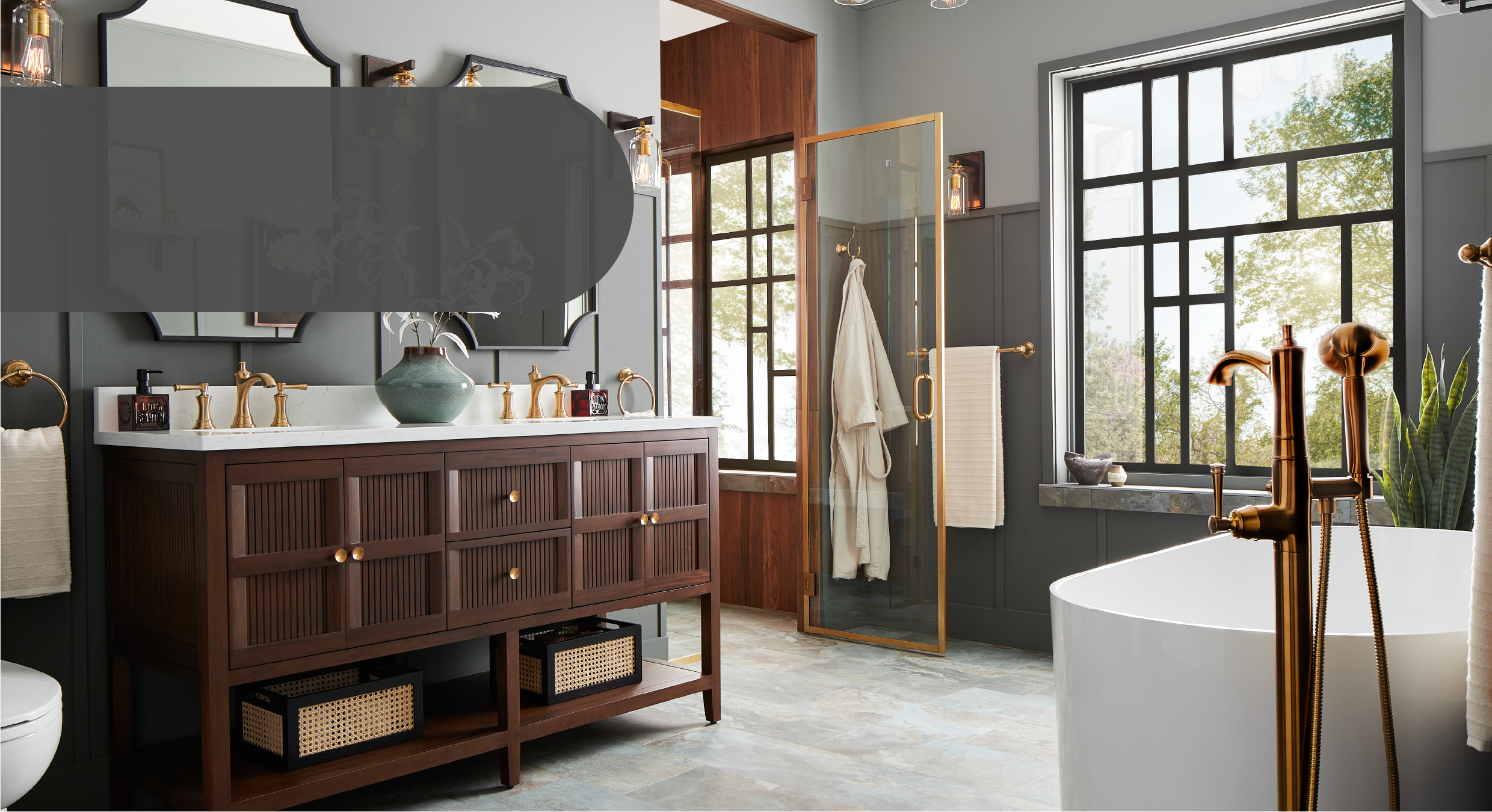 60 inch Nikolai Vanity with Outlets - Rect Undermount Sinks - Winterland Walnut, Beasley Widespread Bathroom Faucet, Towel Ring, Robe Hook in Brushed Gold