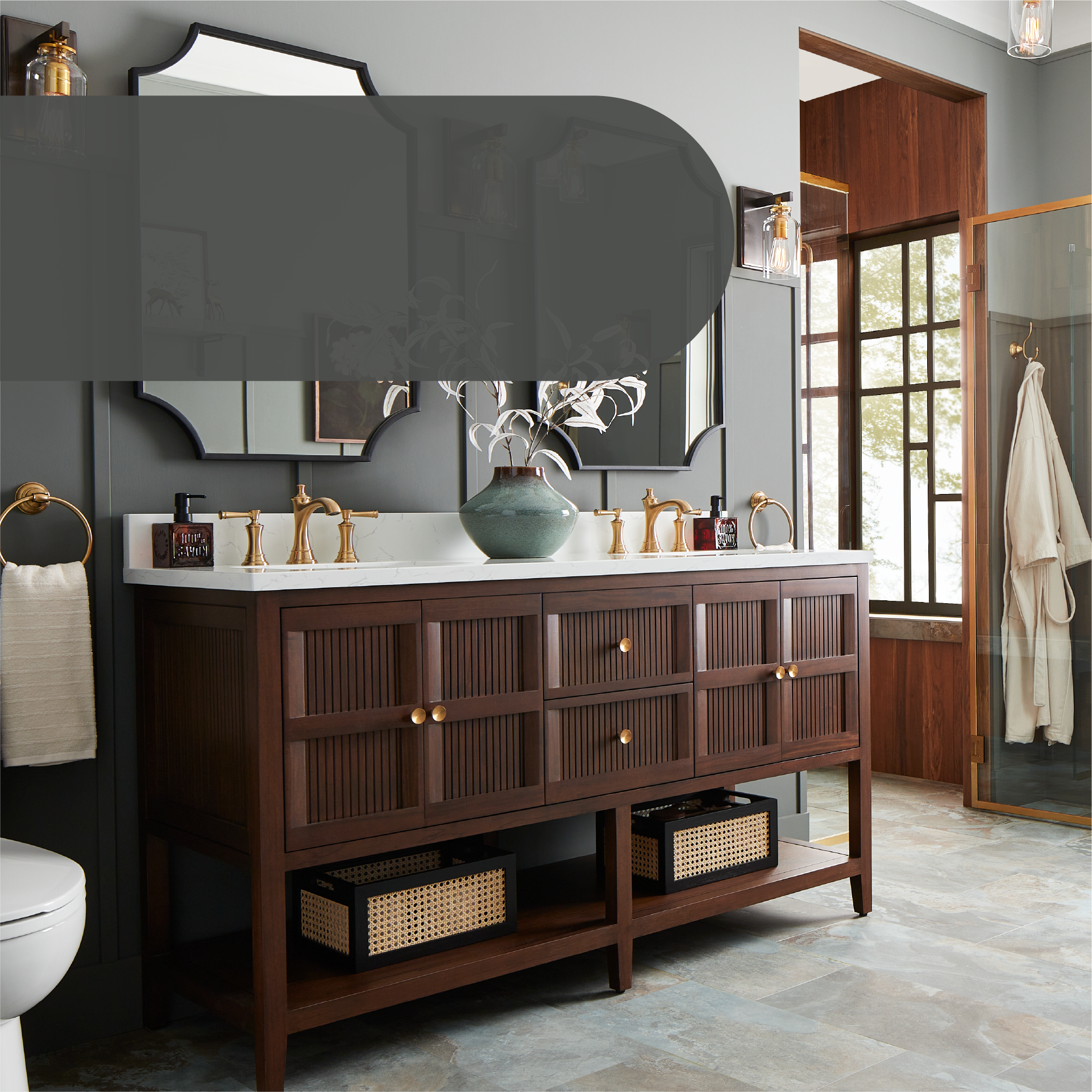60 inch Nikolai Vanity with Outlets - Rect Undermount Sinks - Winterland Walnut, Beasley Widespread Bathroom Faucet, Towel Ring, Robe Hook in Brushed Gold