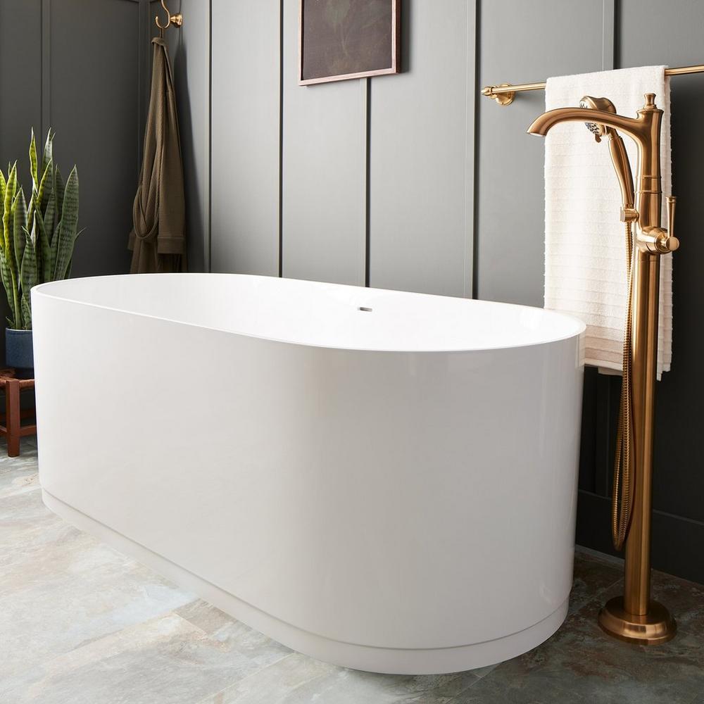 66" Lolani Solid Surface Freestanding Tub, Beasley Freestanding Tub Faucet in Brushed Gold