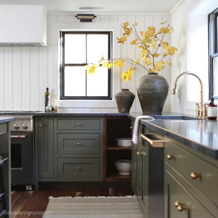 Kitchen designed by Oak Design Project with the Osian Solid Brass Round Cabinet Knob in Brushed Brass