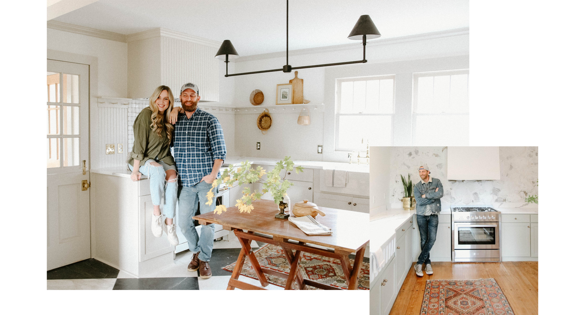 Adam and Jessica Miller from Old House Adam in a kitchen featuring the Rodino Solid Brass Round Cabinet Knob in Antique Brass