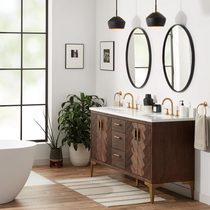 Modern organic style bathroom with the 60" Frey Vanity in Gray Wash, Lentz Widespread Faucet and Towel Ring in Brushed Gold