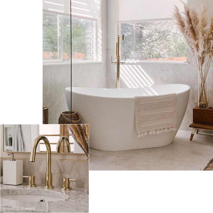 organic modern bathroom with the 71" Winifred Resin Tub and the Rotunda Widespread Faucet in Polished Brass