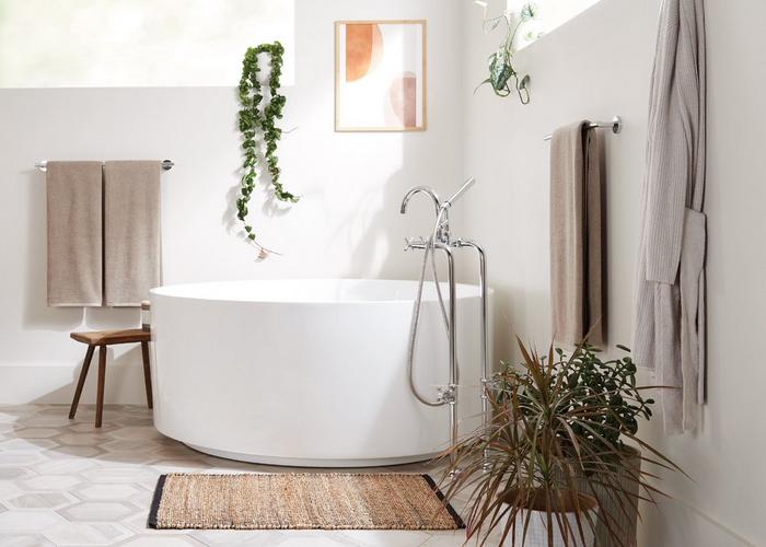 Organic modern style bathroom with the 55" Dempsey Round Acrylic Freestanding Tub & Sebastian Freestanding Tub Faucet in Chrome