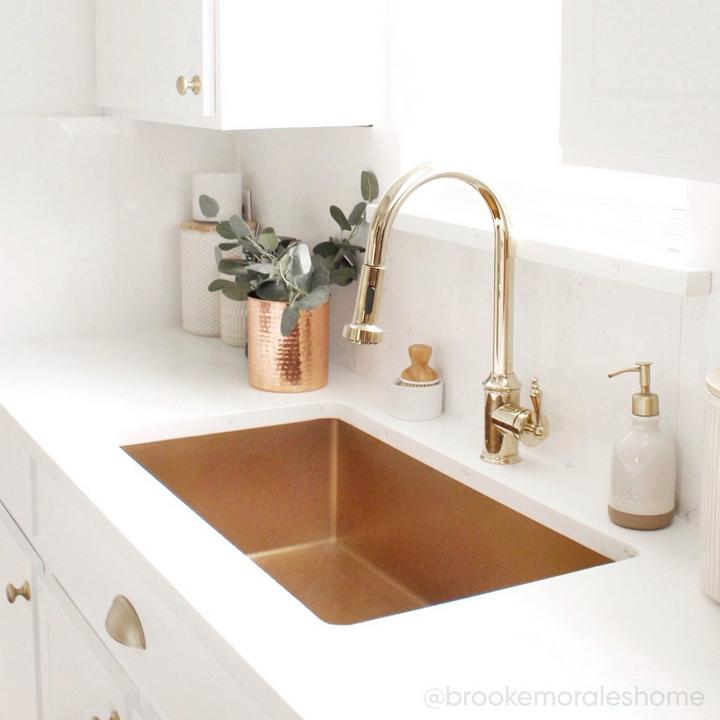 Southgate Single-Hole Pull-Down Kitchen Faucet in Polished Brass for modern organic kitchen