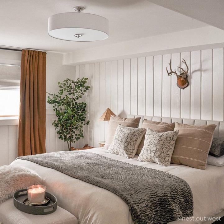 Organic style bedroom with the Bankloft 6-Light Semi-Flush-Mount Drum Light in Polished Nickel