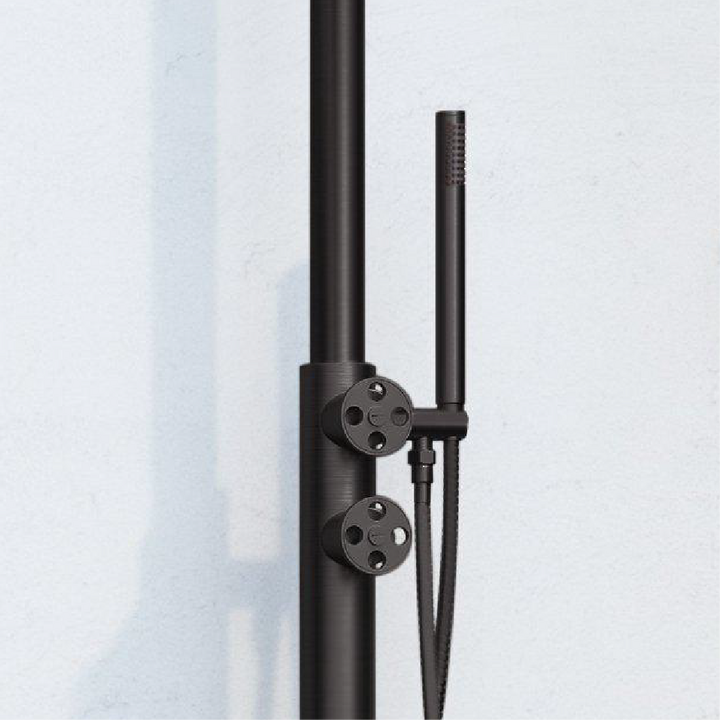 Closeup of Tinsley Freestanding Outdoor Shower Panel With Hand Shower - Matte Black hand shower and wheel-shaped handles