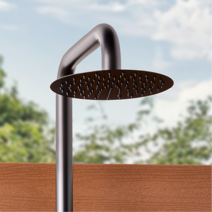 Closeup of Tinsley Freestanding Outdoor Shower shower head for outdoor shower setup