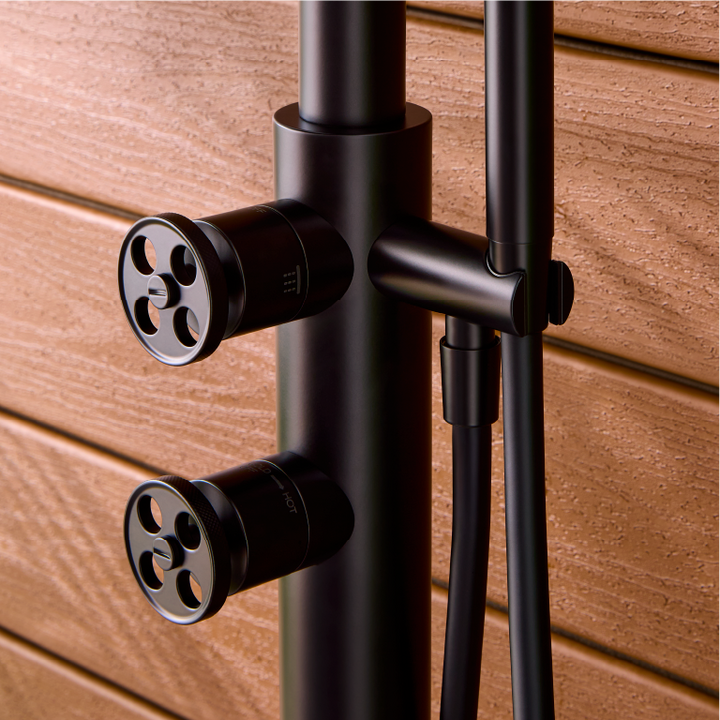 Closeup of Tinsley Freestanding Outdoor Shower wheel handles for outdoor shower stall