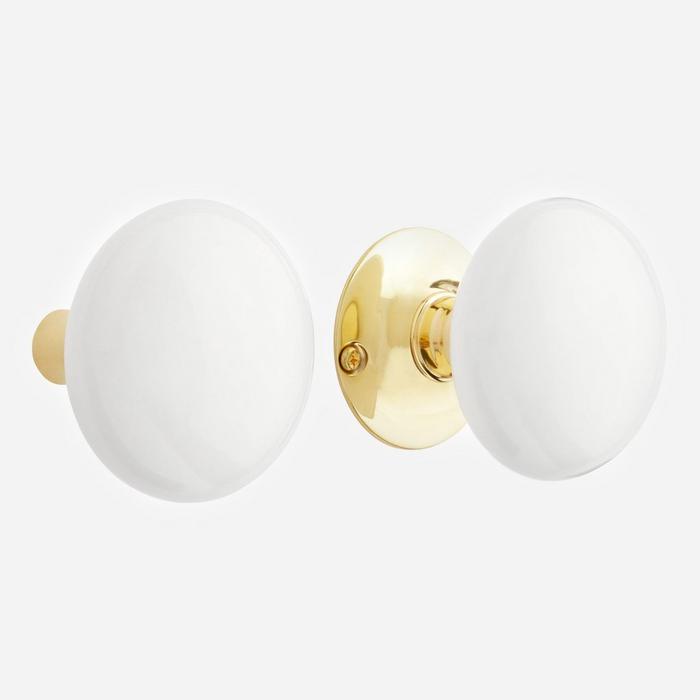 Pair of White Ceramic Doorknobs for Rim Locks in Polished Brass