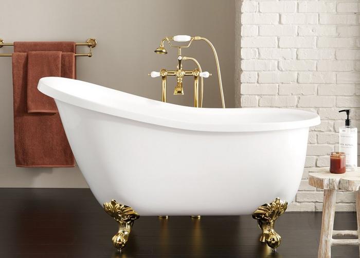 51" Ultra Acrylic Slipper Clawfoot Tub with Imperial Feet, and Freestanding Telephone Tub Faucet in Polished Brass
