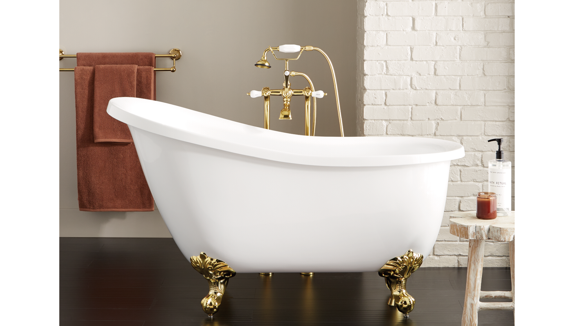51" Ultra Acrylic Slipper Clawfoot Tub with Imperial Feet, and Freestanding Telephone Tub Faucet in Polished Brass