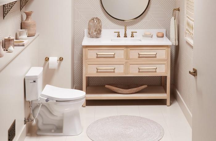 Powder room design with the Greyfield Widespread Faucet, Toilet Paper Holder, Towel Ring in Aged Brass, 48" Robertson Vanity