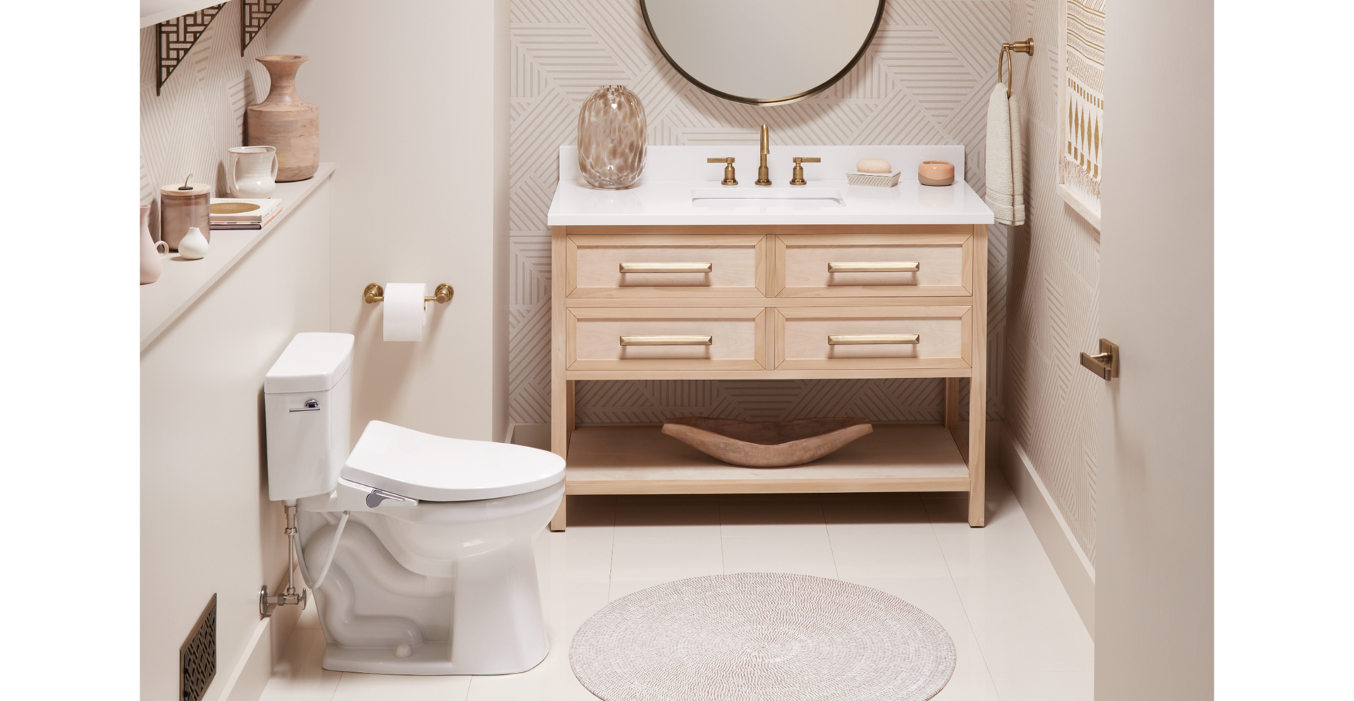 Powder room design with the Greyfield Widespread Faucet, Toilet Paper Holder, Towel Ring in Aged Brass, 48" Robertson Vanity