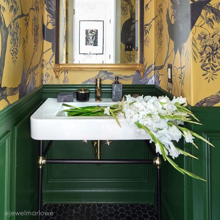 powder room design by Jewel Marlowe with the 34" Burleson Porcelain Console Sink With Brass Stand