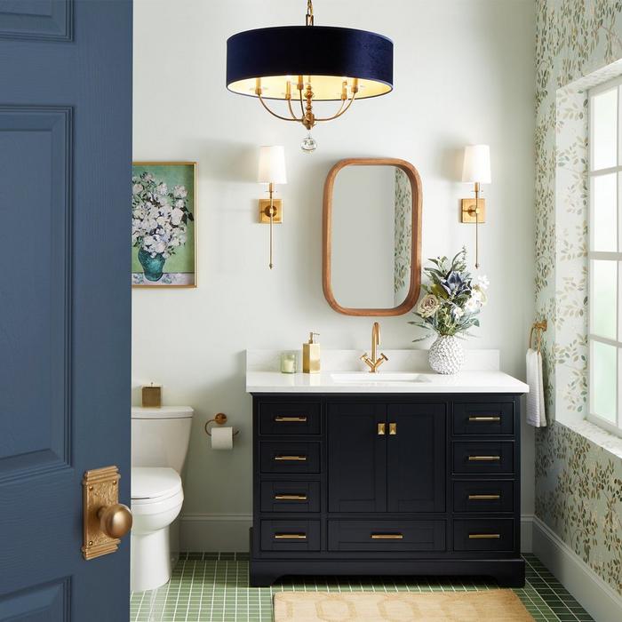 powder room with Vassor Single-Hole Faucet, Calera Wall Sconce Candelabra - Brushed Gold, 48" Quen Vanity - Navy Blue