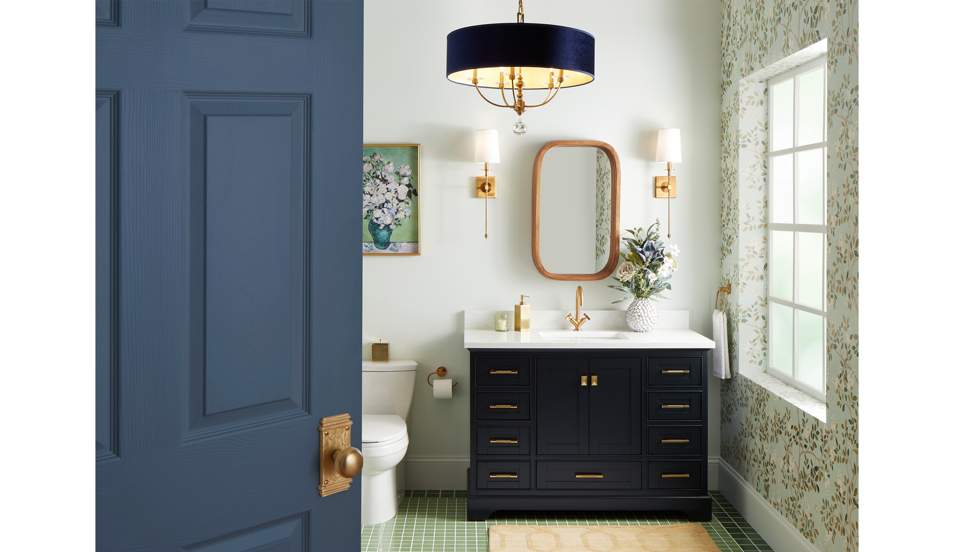 powder room with Vassor Single-Hole Faucet, Calera Wall Sconce Candelabra - Brushed Gold, 48" Quen Vanity - Navy Blue