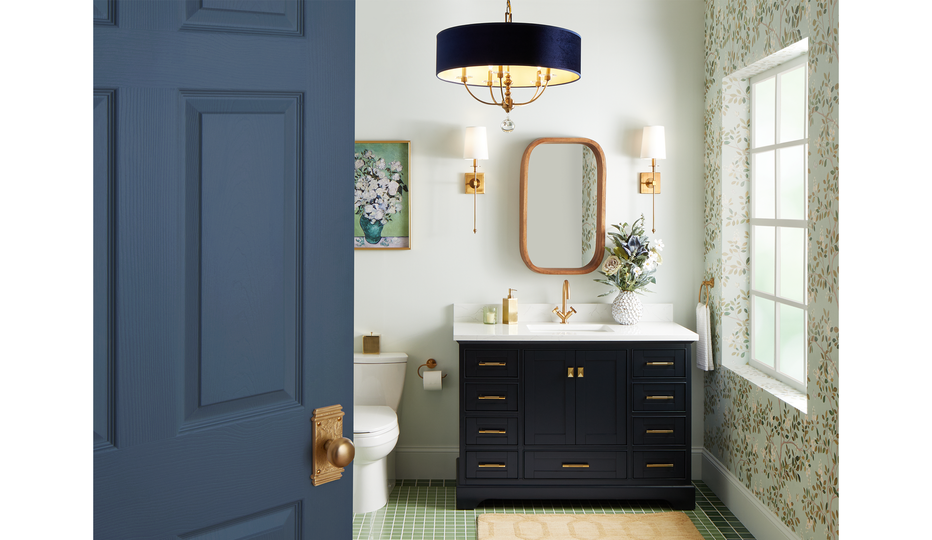 Brass Hardware in the Bathroom - Bright Green Door