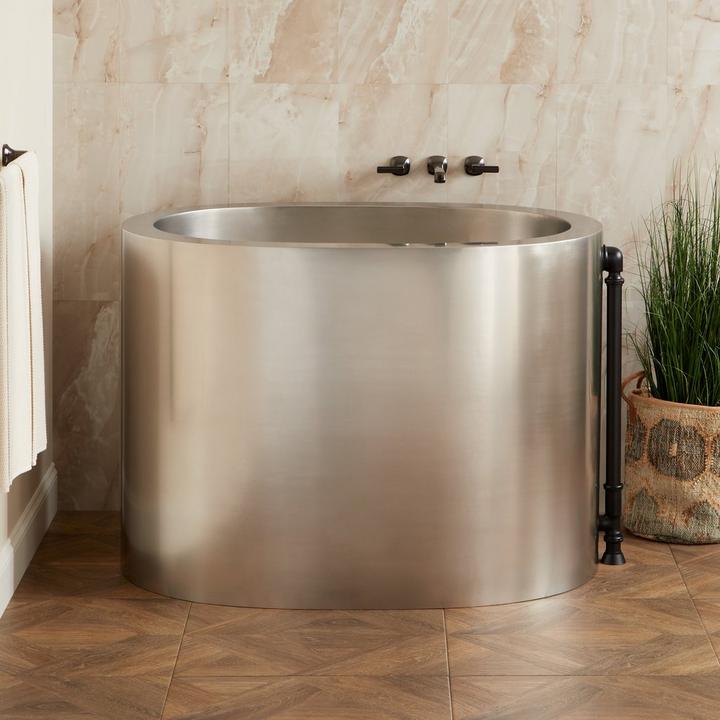 48" Raksha Stainless Steel Japanese Soaking Tub with traditional overflow drain