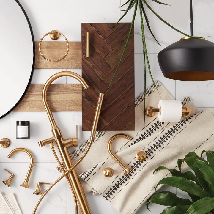 Lentz Freestanding Tub Faucet, Widespread Bathroom Faucet, Toilet Paper Holder, Towel Ring in Brushed Gold