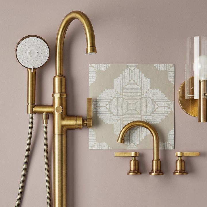 Greyfield Freestanding Tub Faucet & Widespread Bathroom Faucet in Aged Brass for victorian design