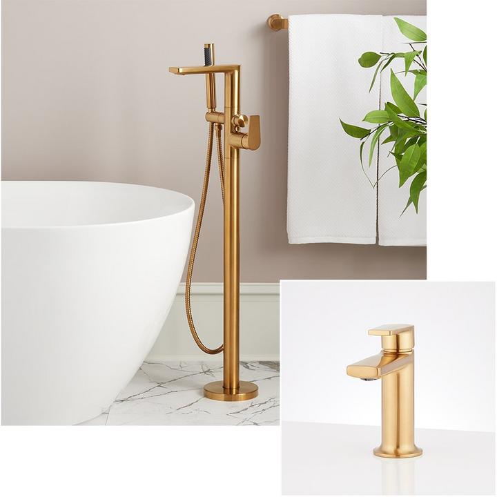 Berwyn Freestanding Tub Faucet and Single-Hole Bathroom Faucet in Brushed Gold