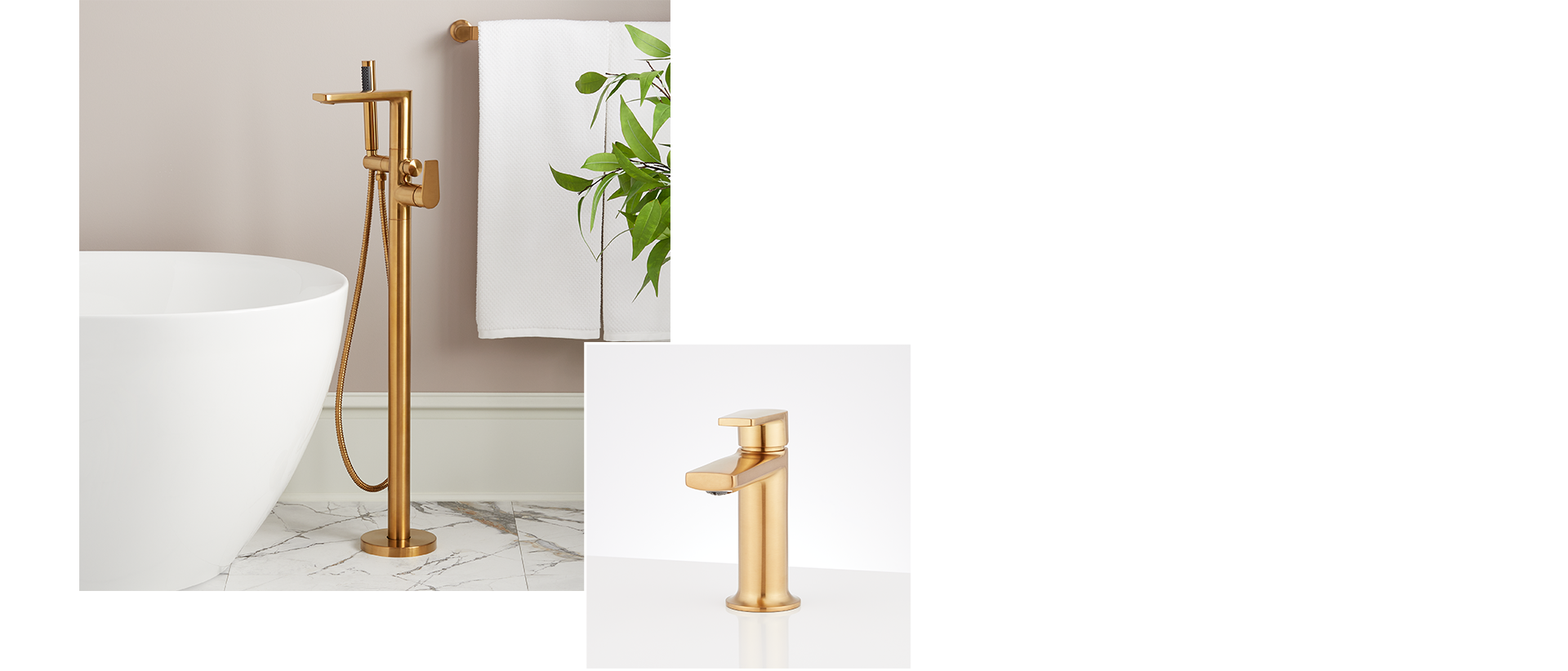 Berwyn Freestanding Tub Faucet and Single-Hole Bathroom Faucet in Brushed Gold
