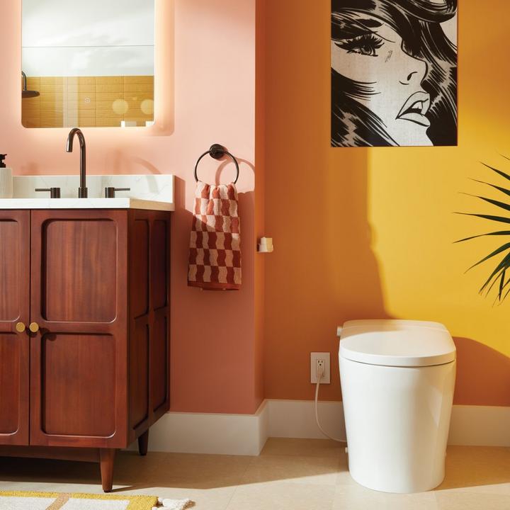 Vela Plus Smart Toilet, 72" Delavan Vanity, Lexia Widespread Bathroom Faucet & Towel Ring in Gunmetal