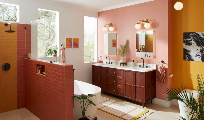 Retro style bathroom with the 72" Delavan Vanity, Lexia Widespread Faucet, Towel Ring in Gunmetal, Arnelle Toilet