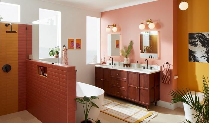 Retro style bathroom with the 72" Delavan Vanity, Lexia Widespread Faucet, Towel Ring in Gunmetal, Arnelle Toilet