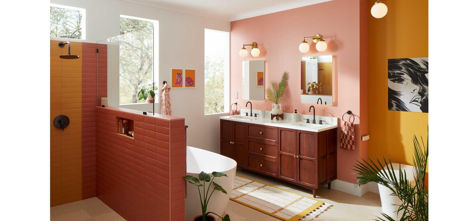 statement bathroom with 72" Delavan Bathroom Vanity, Lexia Widespread Faucet, Towel Ring, Pressure Balance Shower in Gunmetal