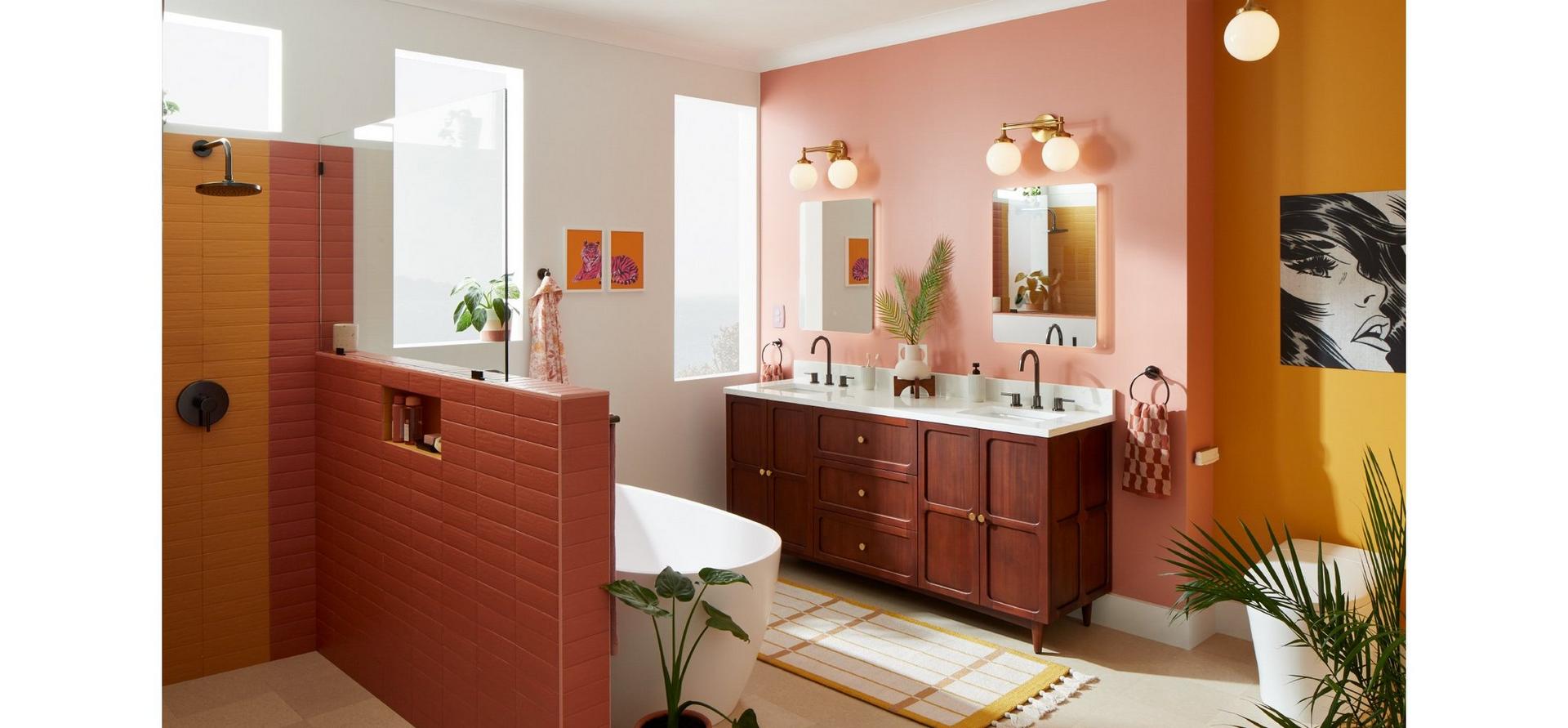 Retro style bathroom with the 72" Delavan Vanity, Lexia Widespread Faucet, Towel Ring in Gunmetal, Arnelle Toilet