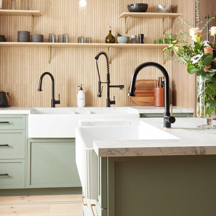 Ridgeway Pull-Down Kitchen Faucet in Matte Black, 33" Easley Fireclay Farmhouse Sink  for hidden kitchen ideas