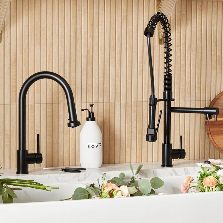 Levi Kitchen Faucet with Pull-Down Spring Spout & Ridgeway Pull-Down Kitchen Faucet in Matte Black for hidden kitchen ideas