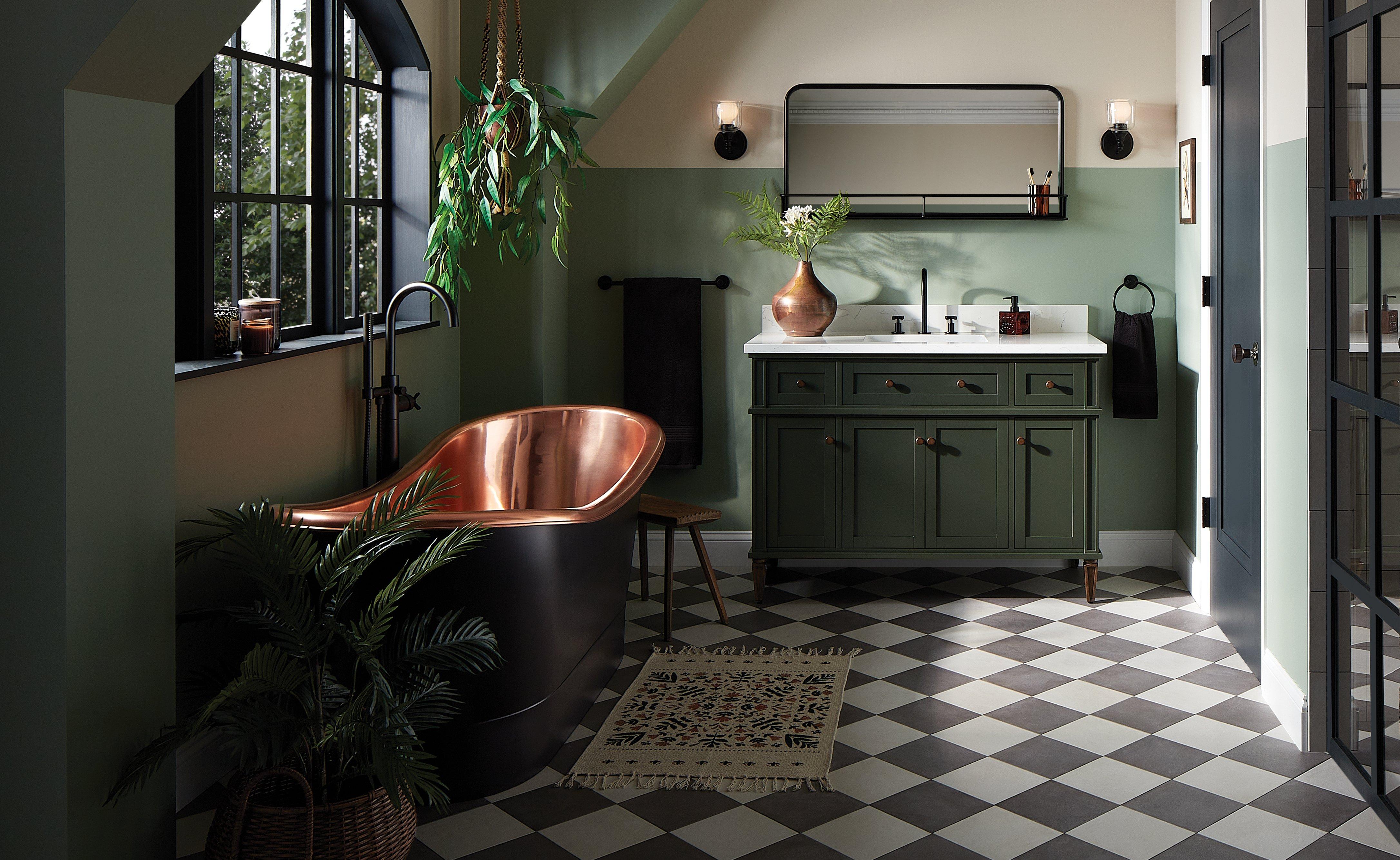 Moody bathroom with the 48" Elmdale in Olive Green, 70" Thaine Black Copper Tub, Vassor Widespread Faucet in Matte Black
