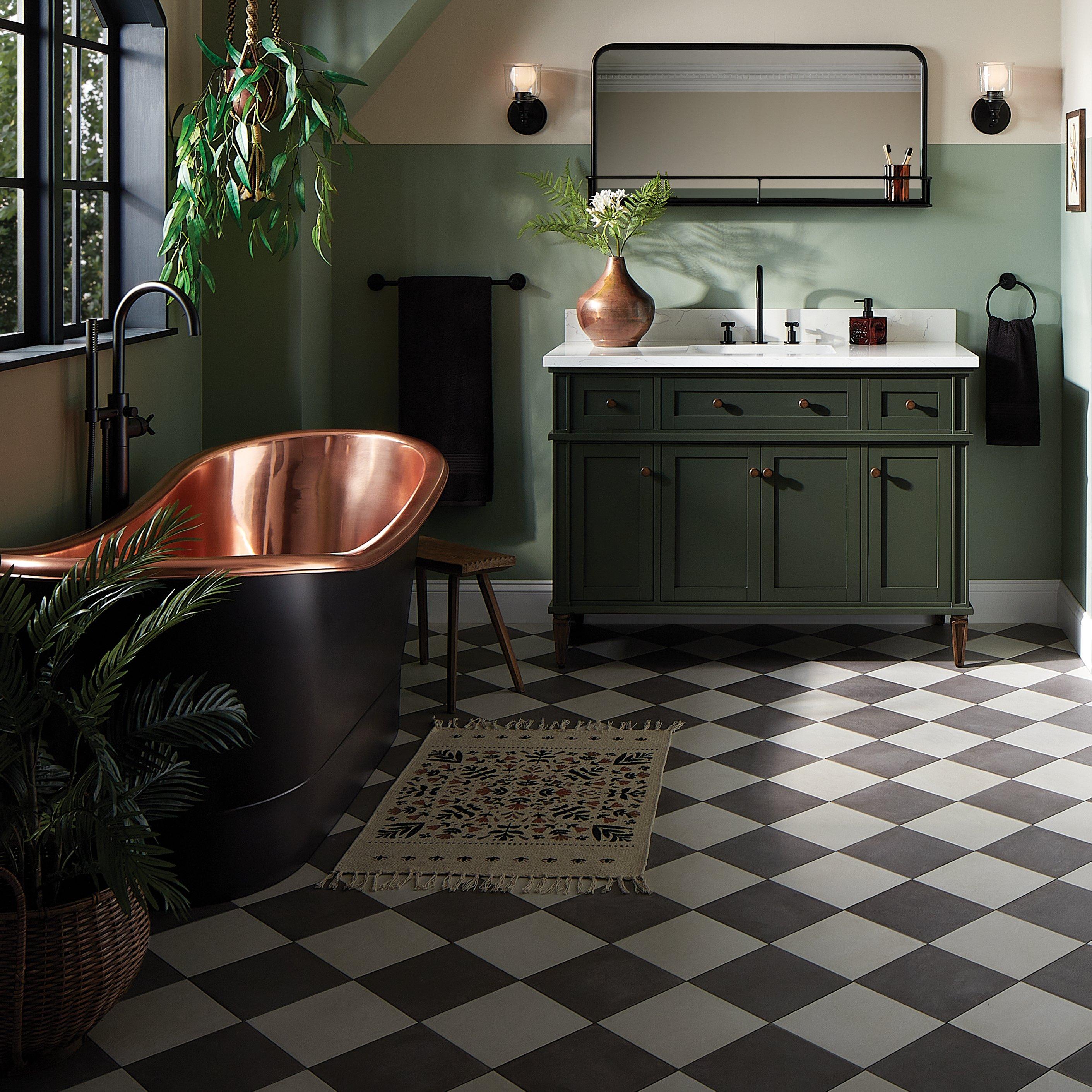 Moody bathroom with the 48" Elmdale in Olive Green, 70" Thaine Black Copper Tub, Vassor Widespread Faucet in Matte Black