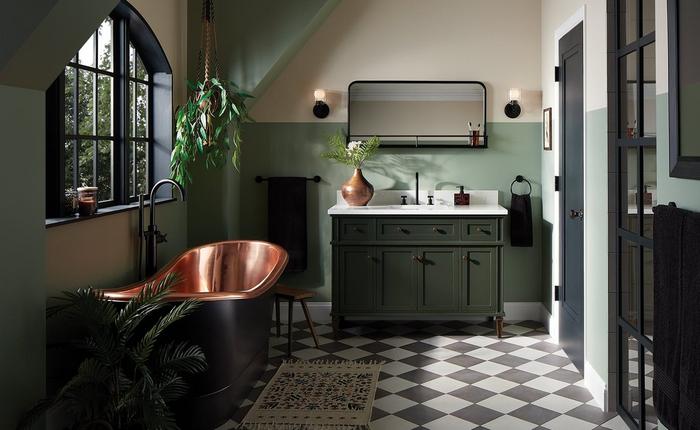 Green bathroom with the 48" Elmdale Vanity in Dark Olive Green, 70" Thaine Copper Pedestal Tub, Vassor Faucet in Matte Black