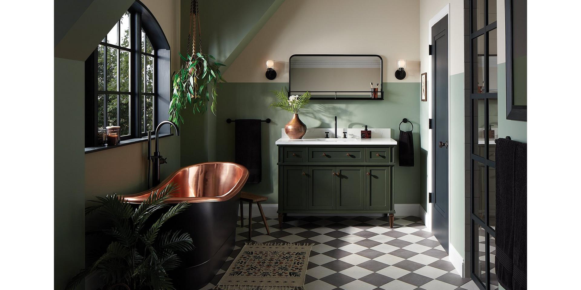 Green bathroom with the 48" Elmdale Vanity in Dark Olive Green, 70" Thaine Copper Pedestal Tub, Vassor Faucet in Matte Black