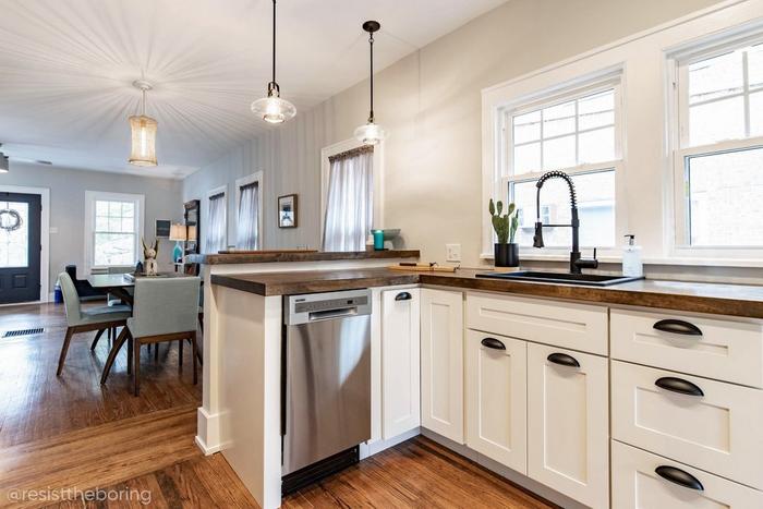 Kitchen designed by Resist the Boring with Steyn Kitchen Faucet with Spring Spout, Barrus Brass Cup Pull in Matte Black